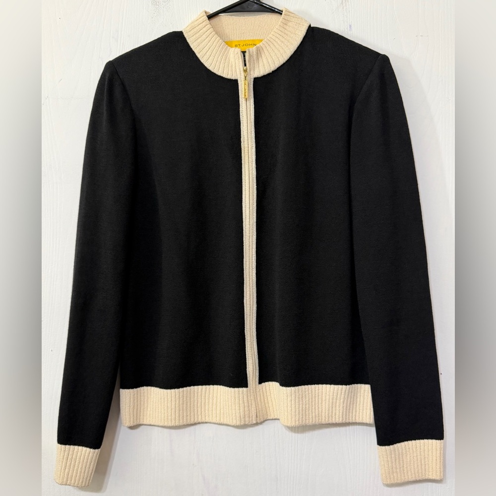 St. John Black Wool Blend Ribbed Cream Trim Full Zip Up Knit Jacket Blazer Small